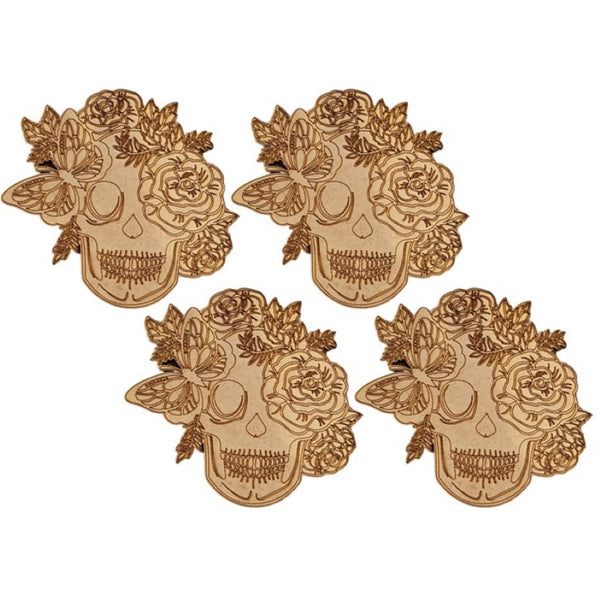 Sugar Skull Coasters with detailed Butterfly and Roses etching (Set of 4)